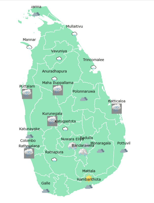 A map showing current weather in Sri Lanka